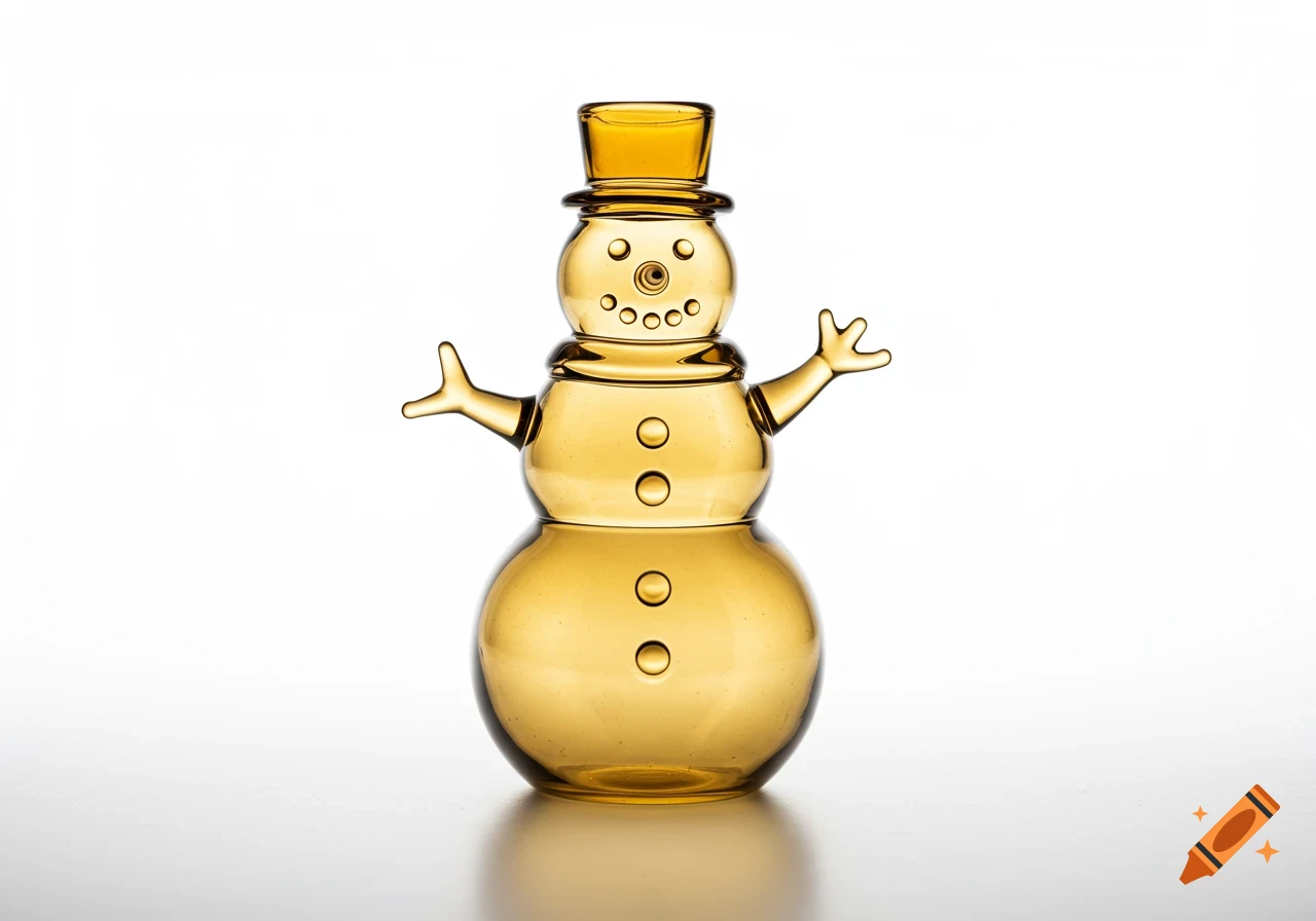 A translucent amber glass snowman with a top hat stands on a reflective white surface.