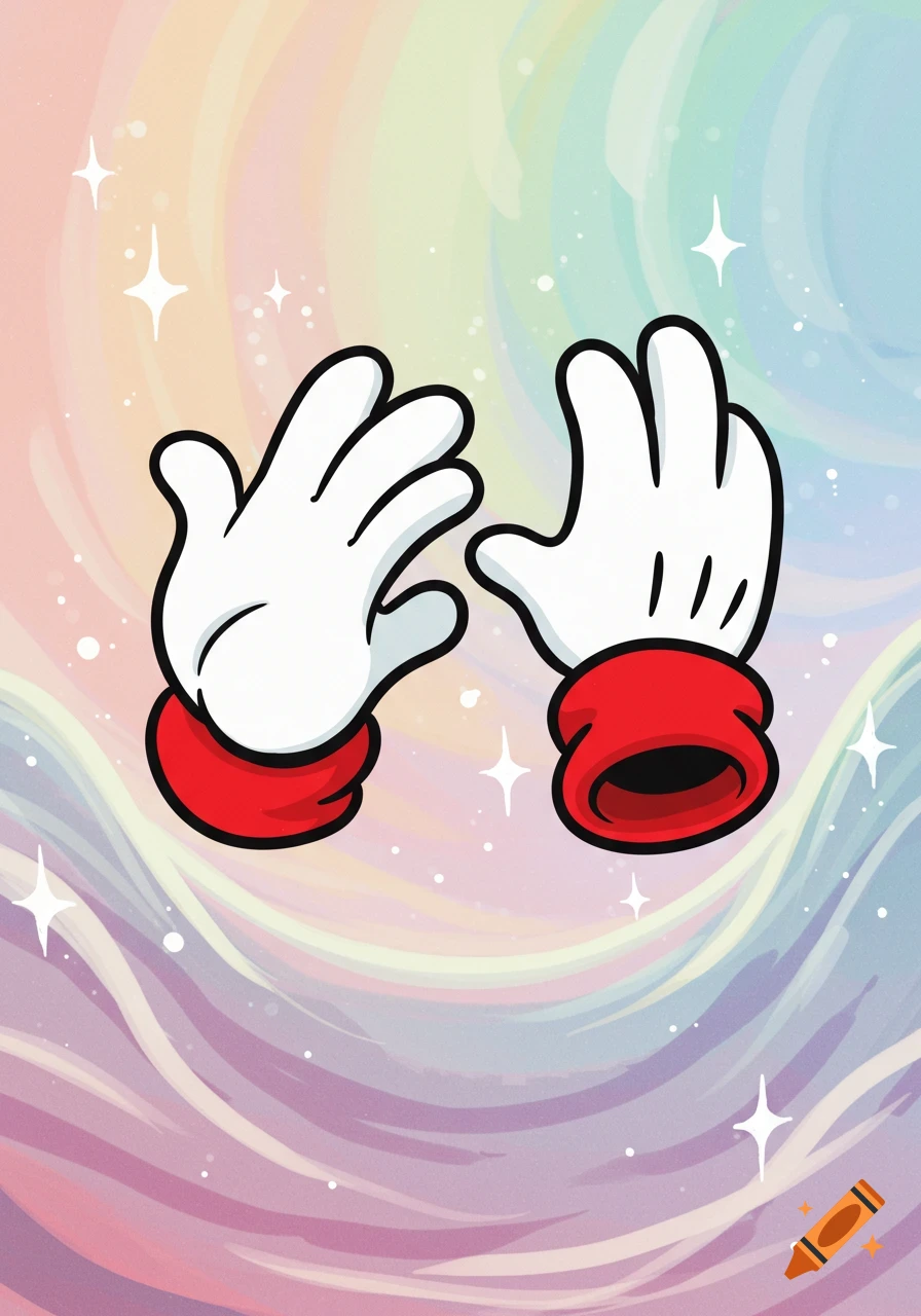Two cartoon hands in white gloves with red cuffs on a swirling rainbow background with sparkles.