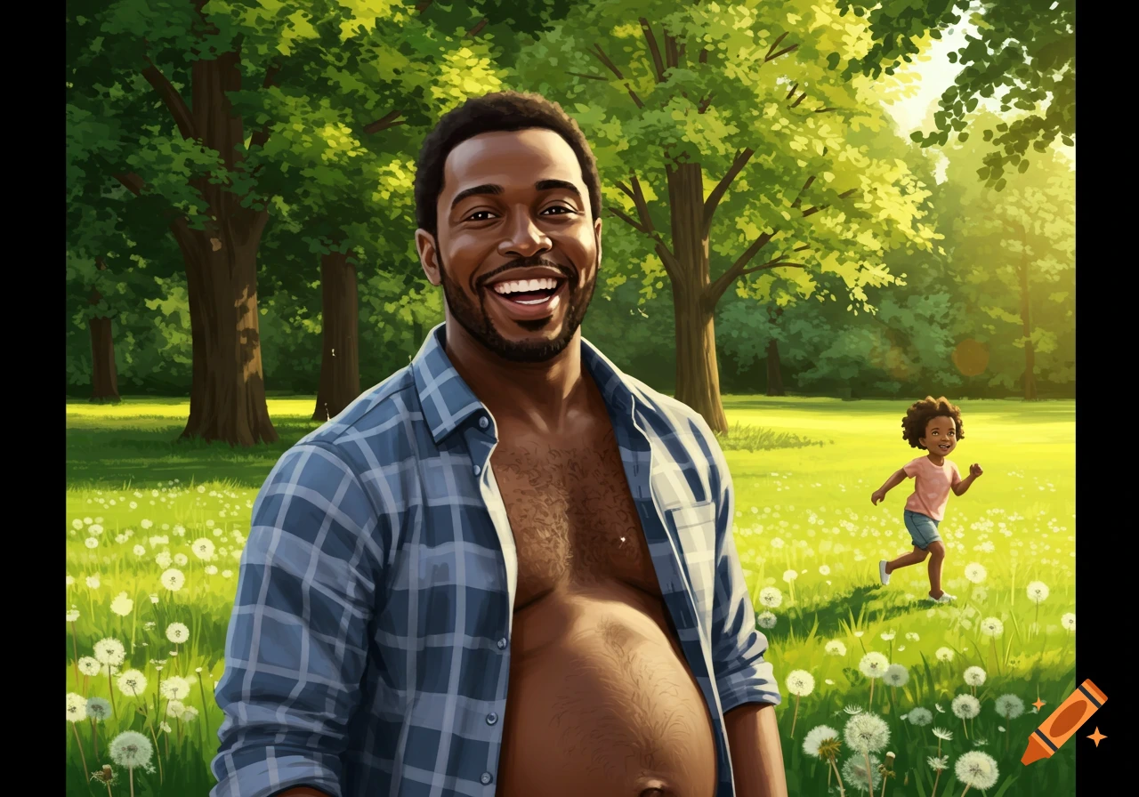 A smiling Black man in an open plaid shirt, revealing a hairy belly, stands in a sunny grassy field with a child running in the background.