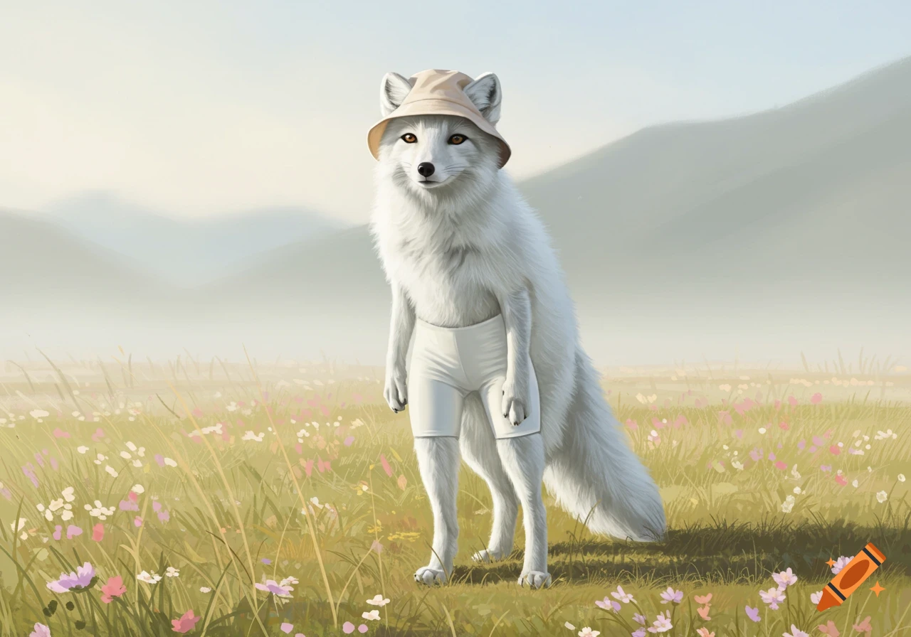 A white arctic fox wearing a bucket hat and white biker shorts stands in a field of wildflowers with mountains in the background.