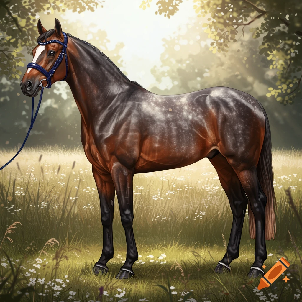 A brown horse with grey dappling and a navy blue bridle stands in a sunny field with tall grass and wildflowers.