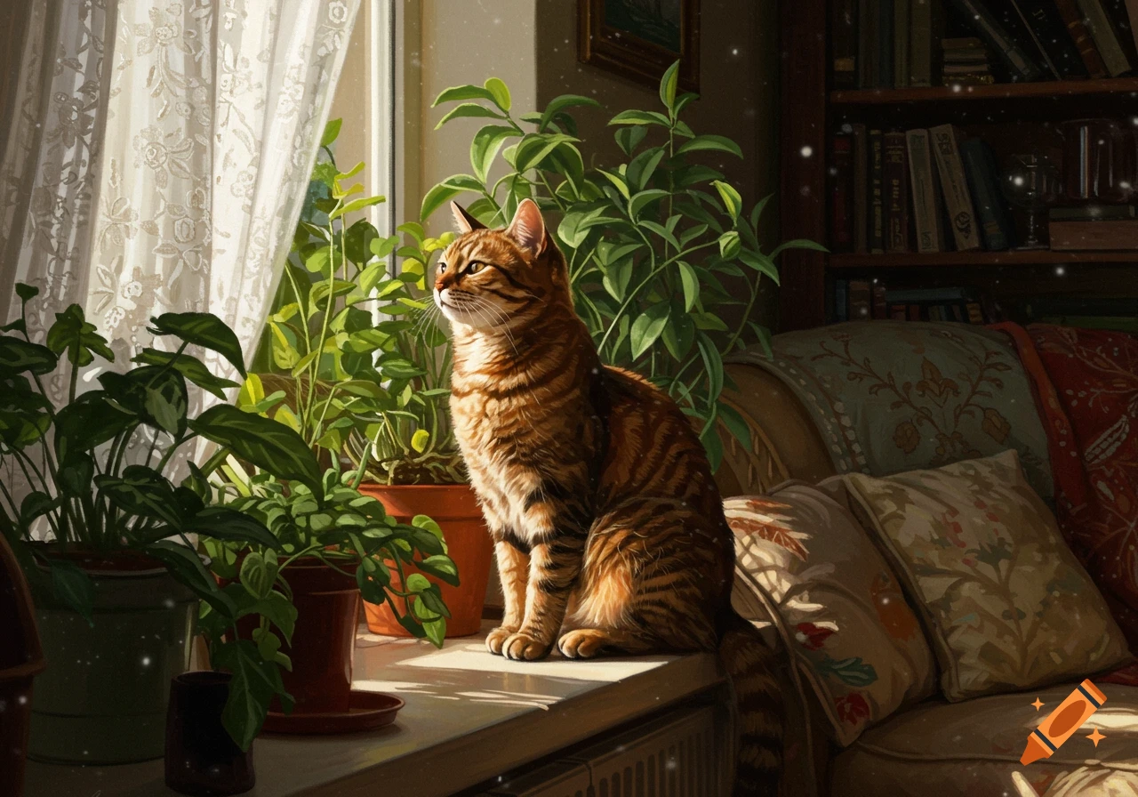 A detailed painting of a tabby cat sitting on a sunlit windowsill surrounded by green houseplants. Lace curtains and a bookshelf are in the background.