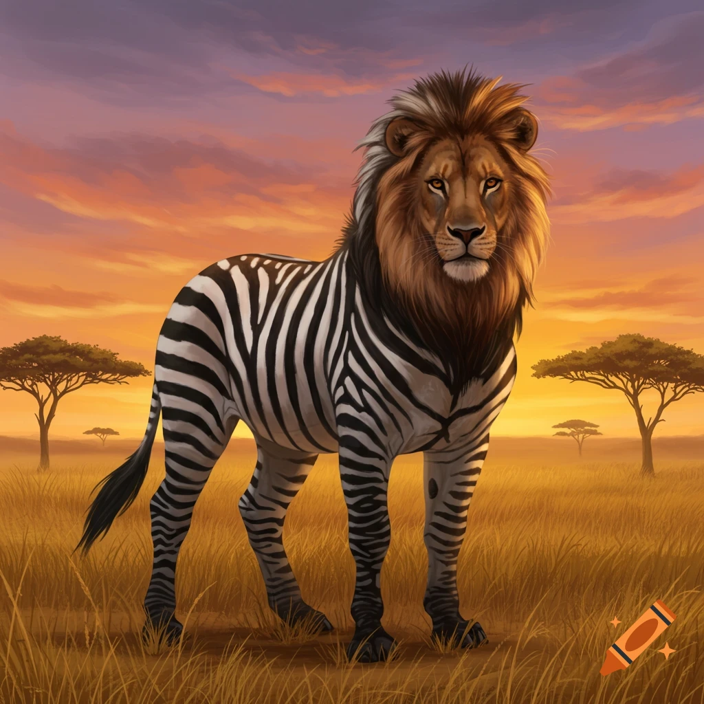 A creature with a lion's head and a zebra's striped body stands in a savanna at sunset.