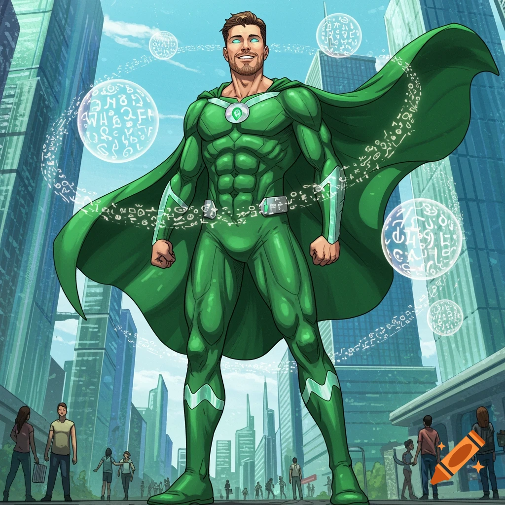 A muscular male superhero in a green suit and cape stands tall in a city, surrounded by glowing orbs with mysterious symbols.