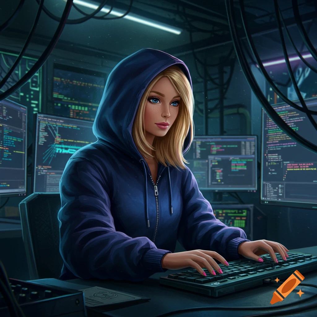 A blonde woman in a blue hoodie types on a keyboard in a dark room surrounded by multiple computer screens displaying code.