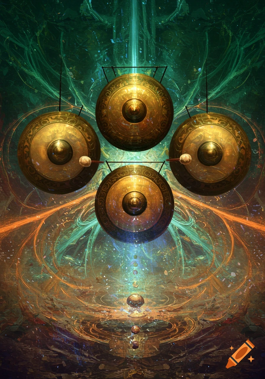 Four golden gongs with mallets, arranged in a cross pattern, against a vibrant, swirling green and orange abstract background with glowing blue light.