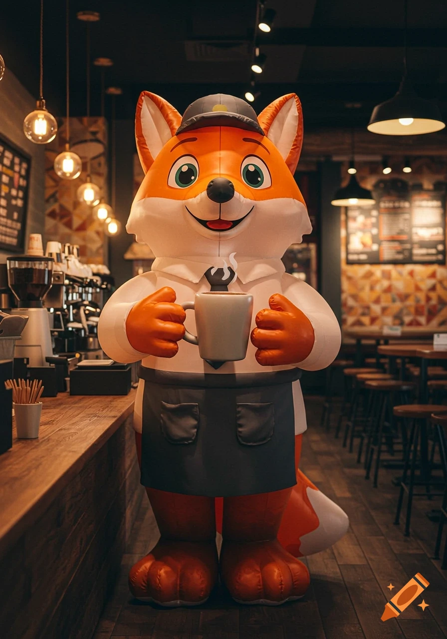 An inflatable fox barista stands in a coffee shop holding a steaming mug.