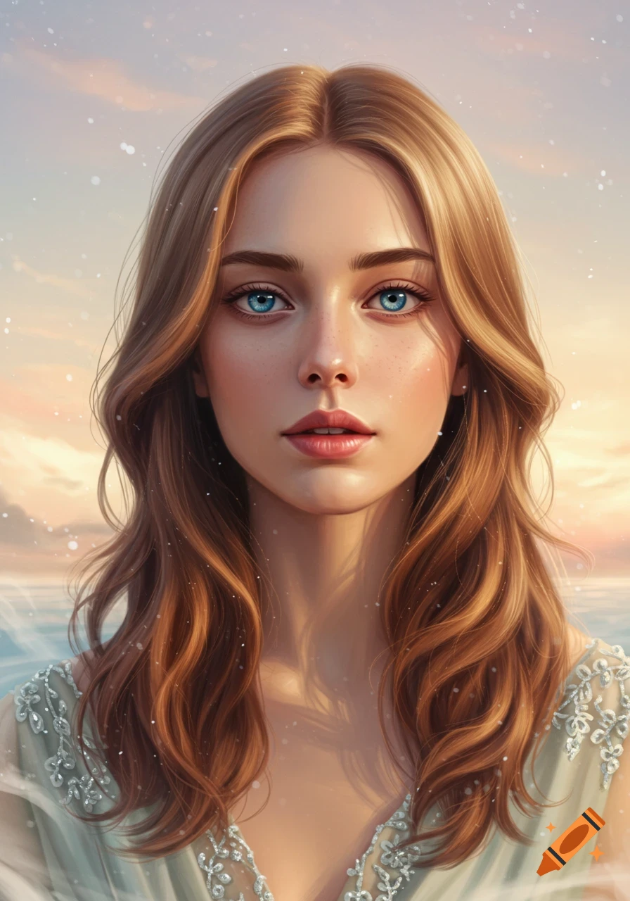 Close-up portrait of a young woman with long wavy brown hair and bright blue eyes, wearing a delicate dress, against a soft, painterly sky.
