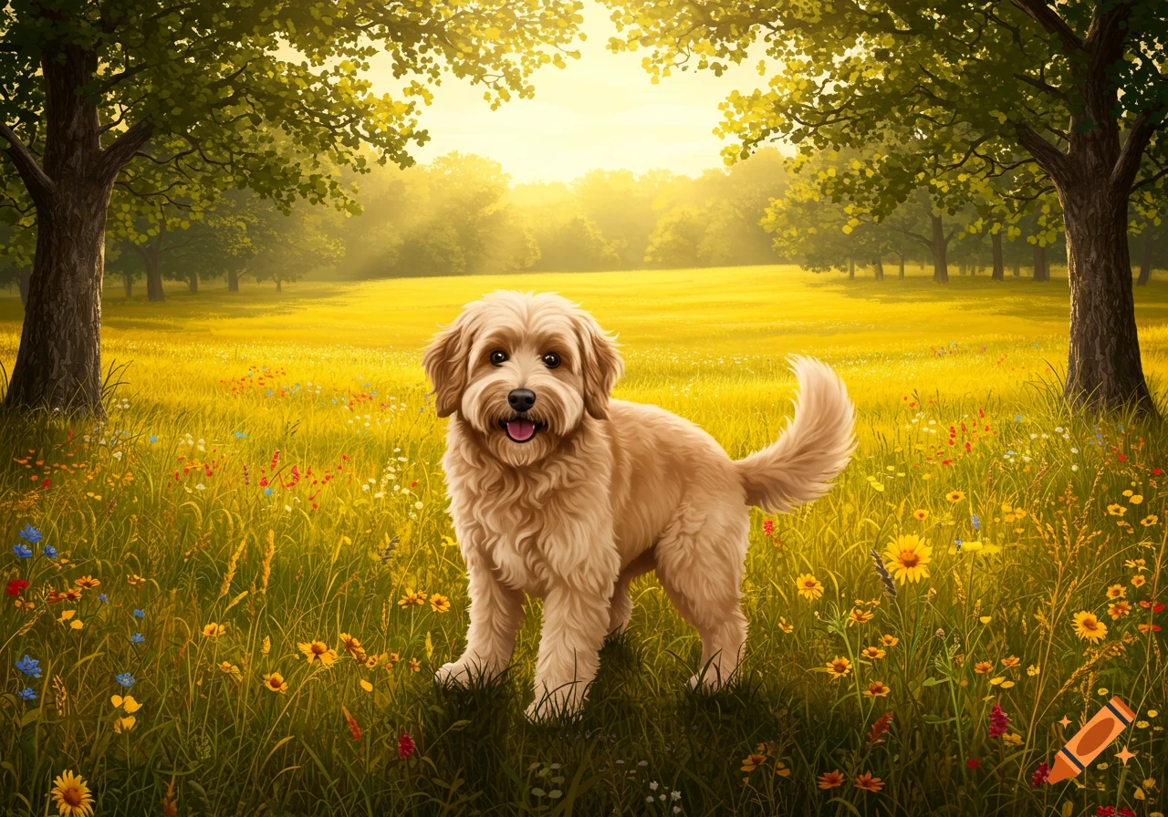 A golden doodle dog stands in a sunny field of yellow wildflowers and green grass, framed by trees.