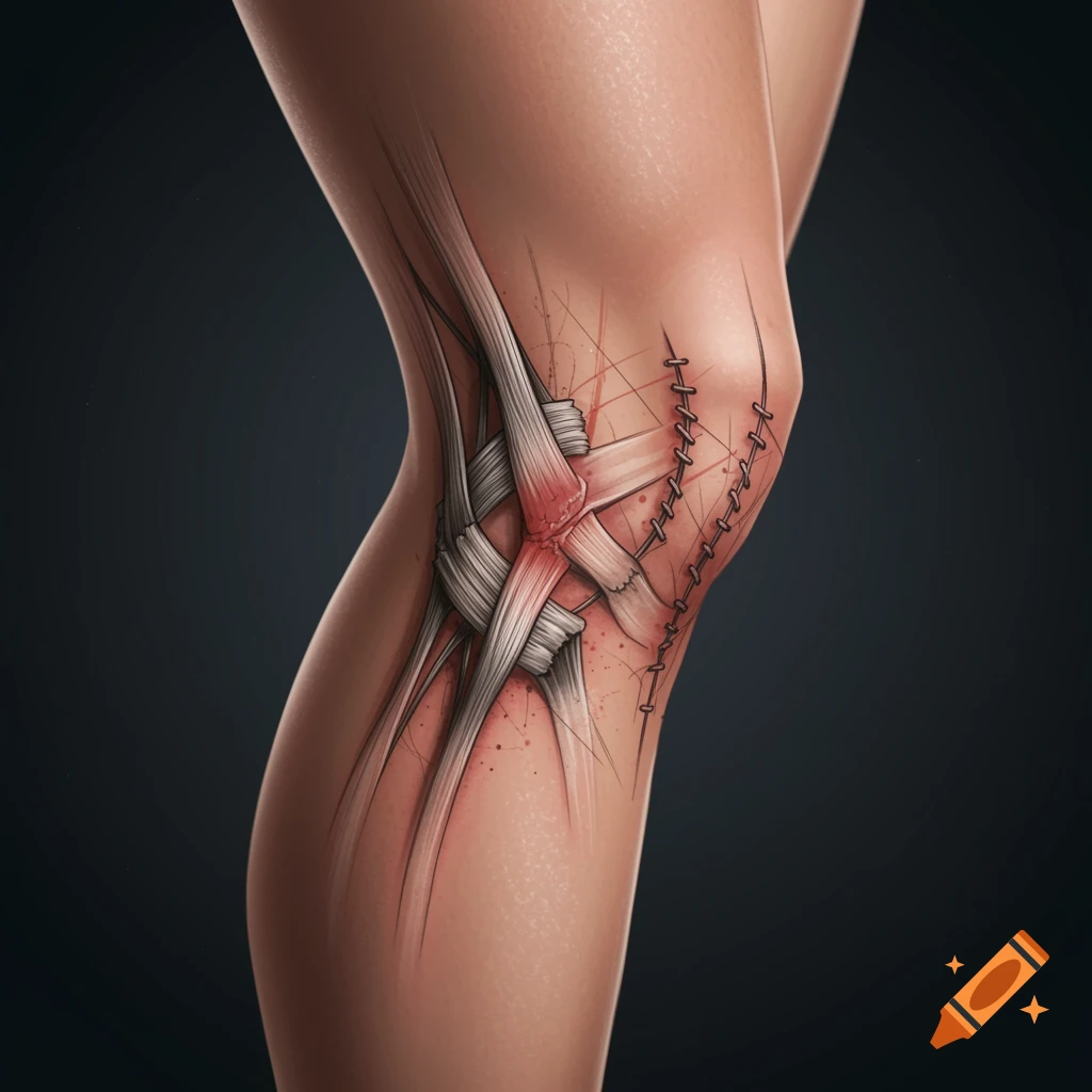 Stylized illustration of a human knee with visible ligaments, a red injury, and surgical stitches.