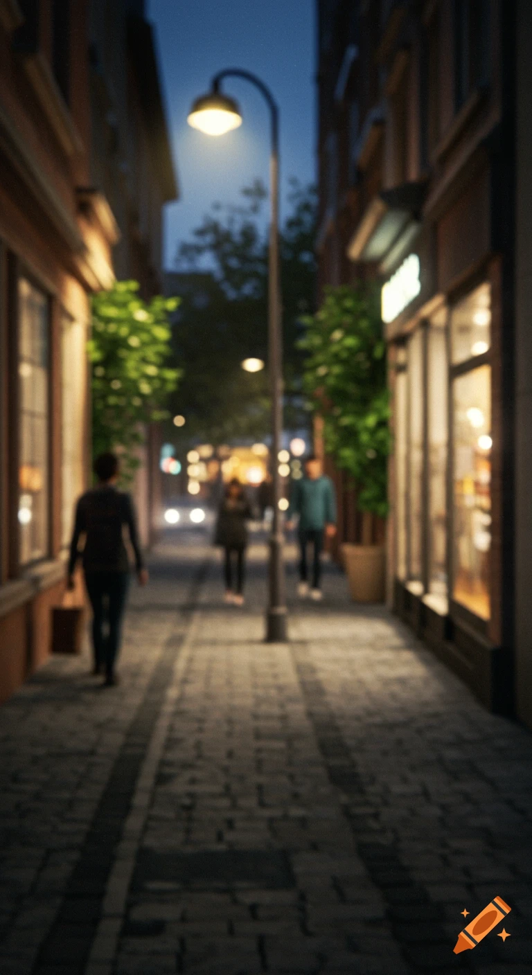 A heavily blurred view of a cobblestone street at night, illuminated by a glowing streetlight, with indistinct figures walking.