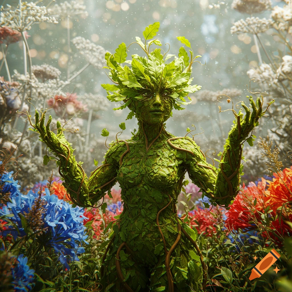An illustration of a humanoid figure made of green leaves and vines, standing in a vibrant field of colorful flowers.