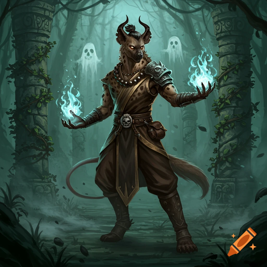 A spotted hyena humanoid creature with horns holds blue flames in a misty, overgrown forest ruin with ghosts.