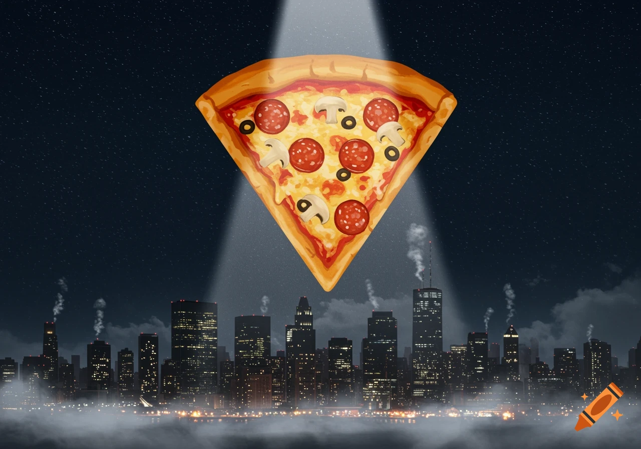 A giant slice of pizza illuminated by a spotlight in a dark, star-filled sky, hovering over a city skyline at night, like a bat signal.