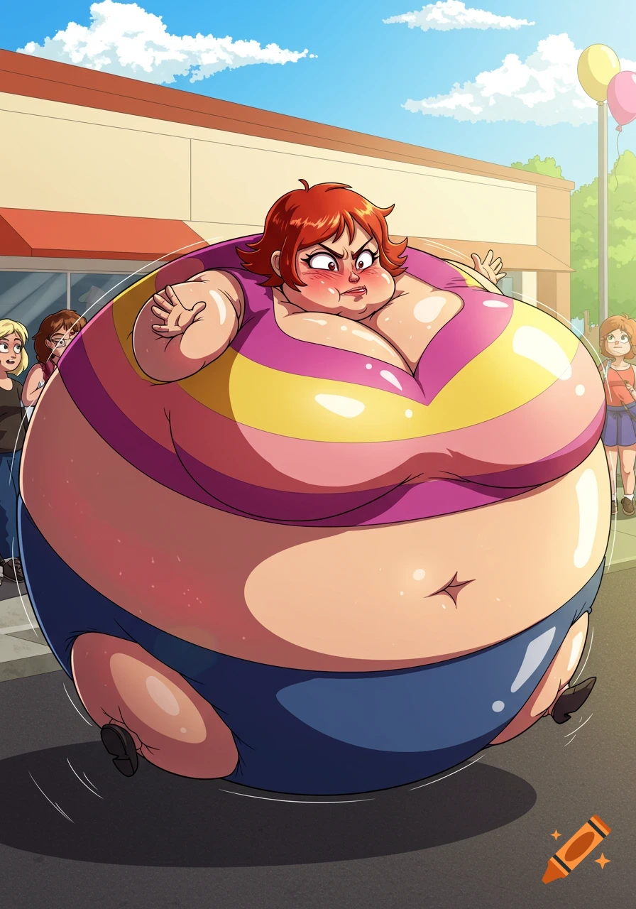 A cartoon woman, highly inflated like a large balloon, rolls down a street, looking angry as onlookers watch.