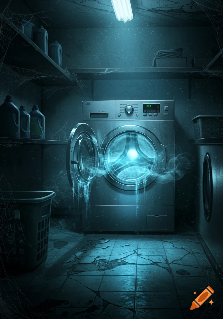 A spooky, dark laundry room with a front-loading washing machine emanating a bright blue glow and ghostly mist, surrounded by spiderwebs.