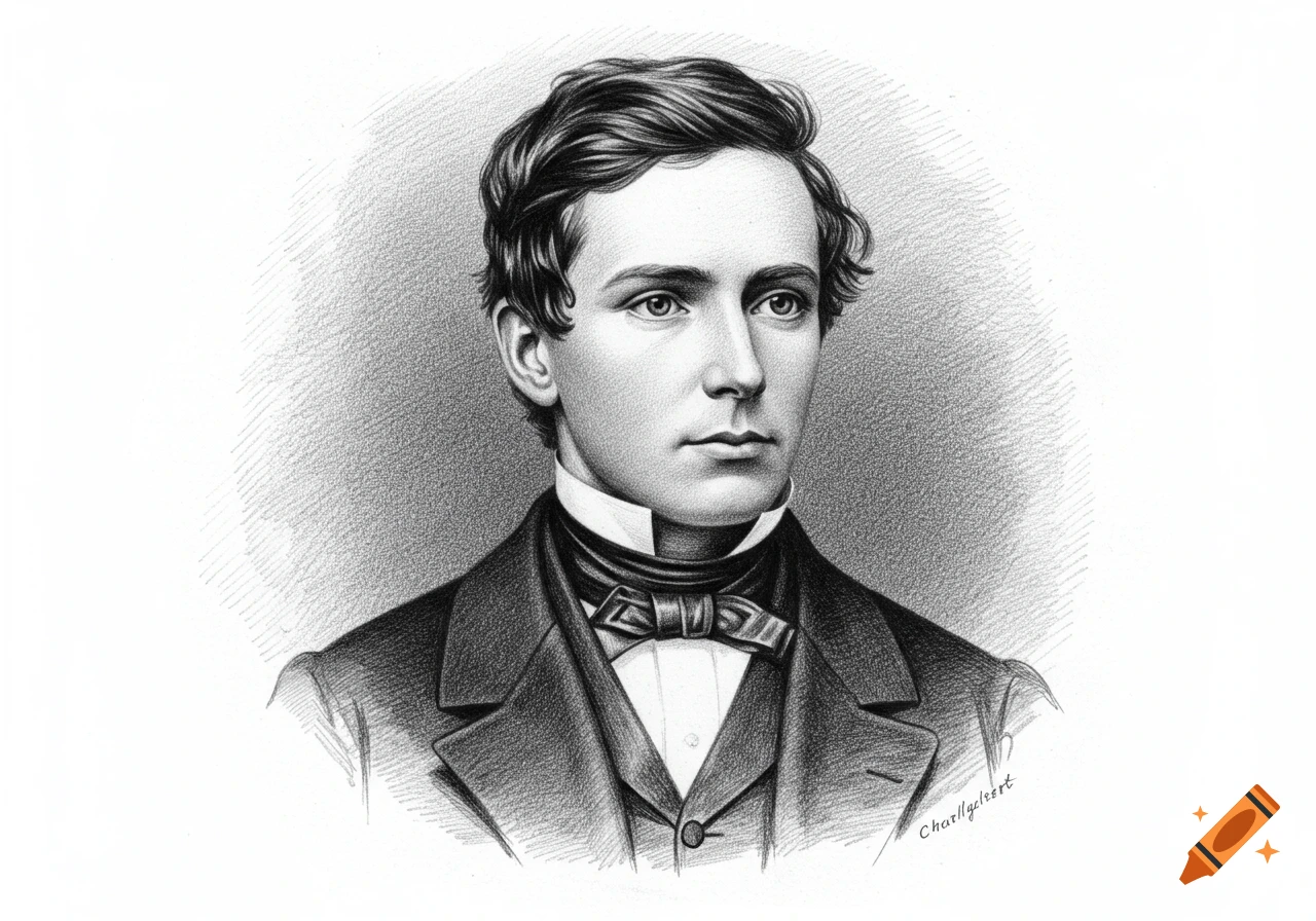 A black and white pencil drawing portrait of a young man with wavy hair, wearing a suit and bow tie.