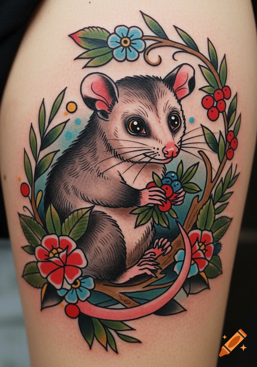 Traditional tattoo of a cute possum holding berries, surrounded by flowers and leaves, on skin.