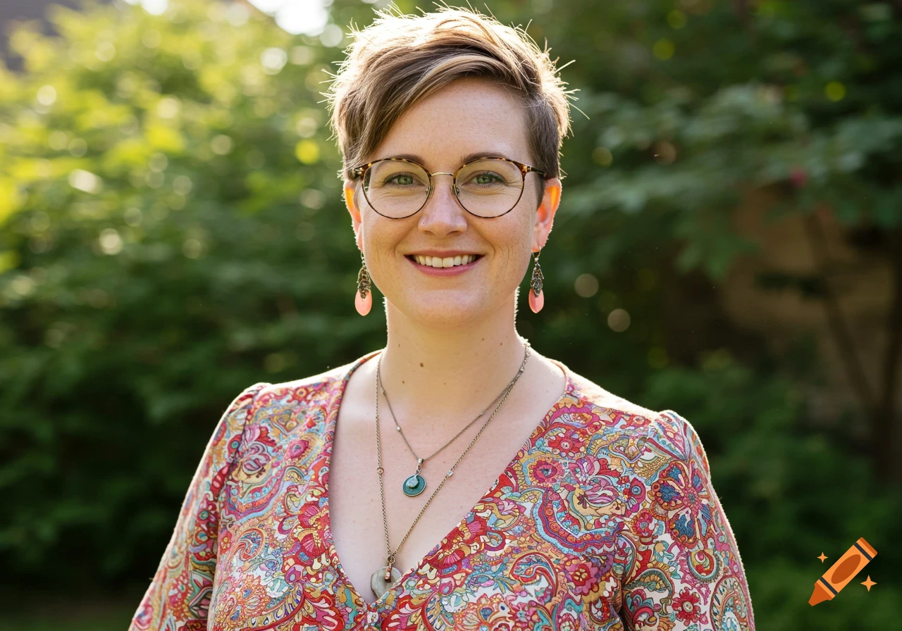 A woman with short, tousled hair and glasses smiles brightly outdoors in a colorful floral dress.
