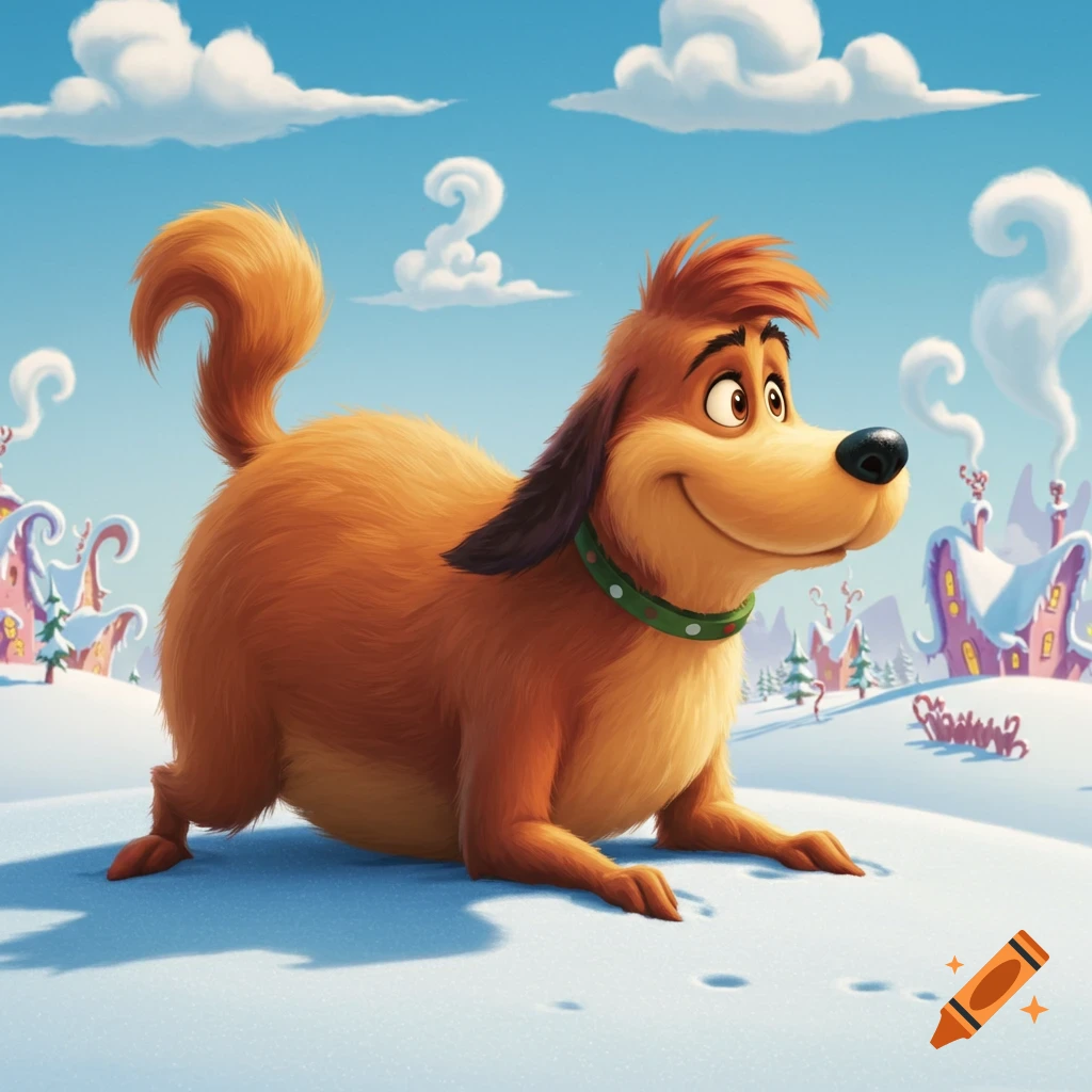 A happy, orange Max the Dog with a rounded body sits in a snowy landscape with colorful, whimsical buildings under a blue sky.