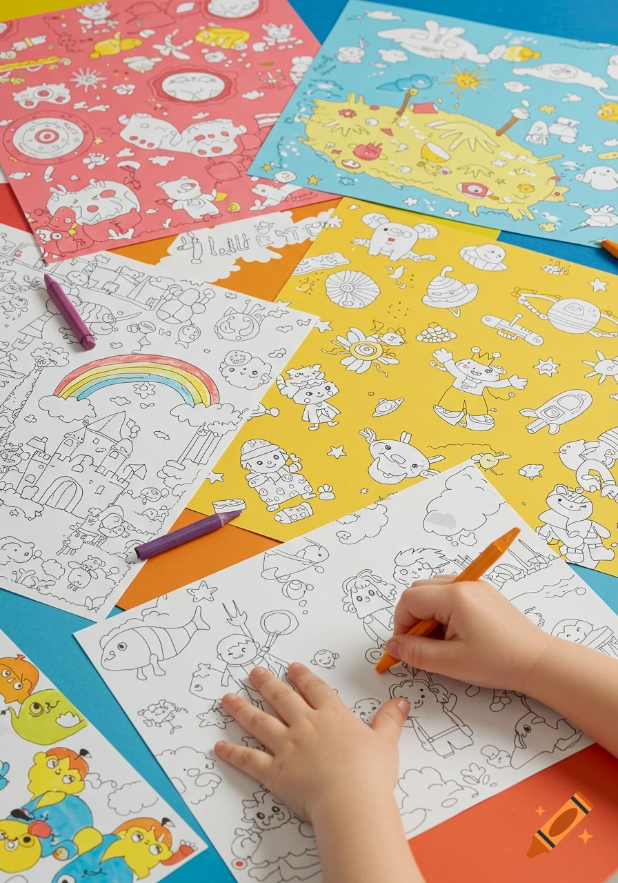 Child's hands coloring a cartoon drawing on white paper with an orange crayon, surrounded by colorful illustrated papers and crayons.