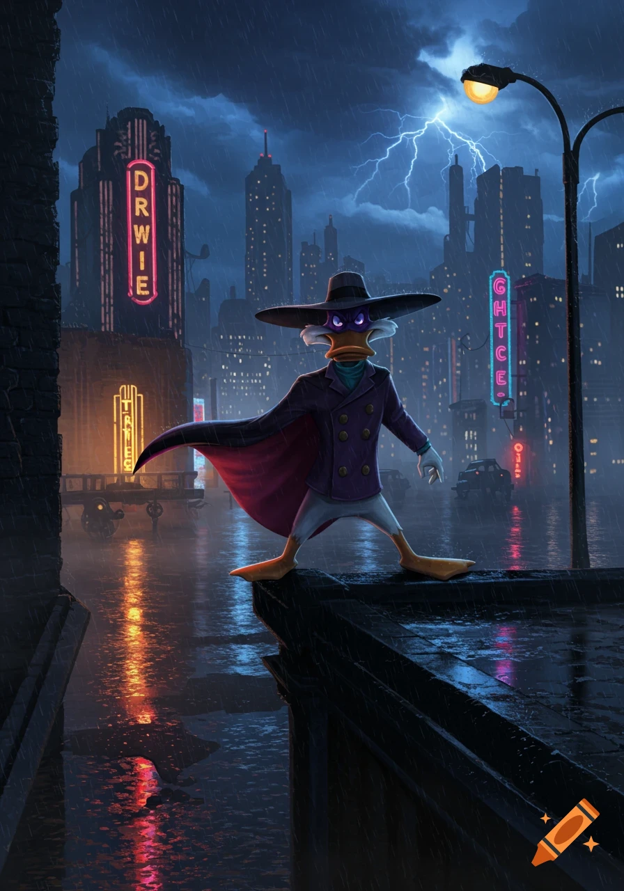 Darkwing Duck standing on a rooftop in a rainy, neon-lit city at night with lightning in the sky.