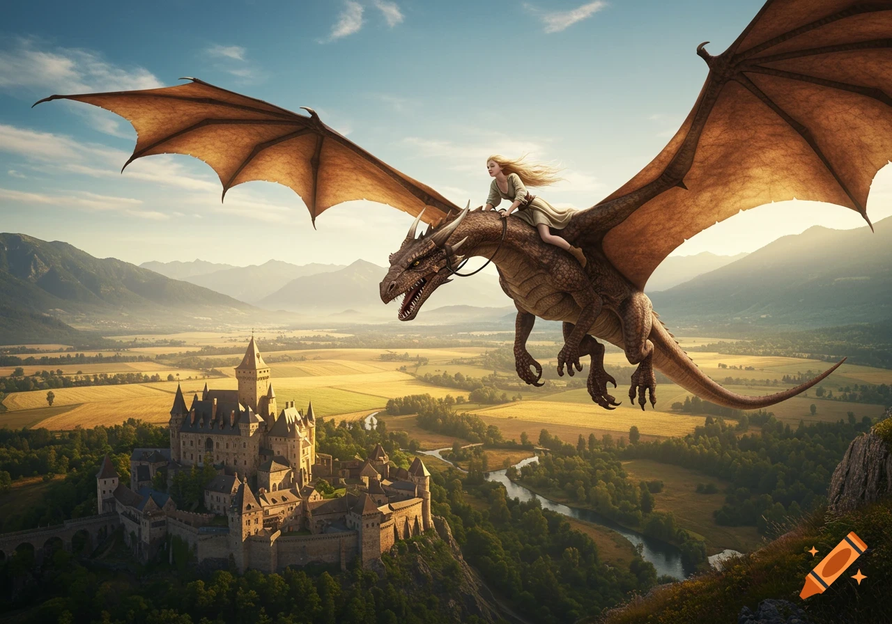 Photorealistic image of a blonde woman on a large brown dragon soaring over a medieval castle, fields, and mountains.