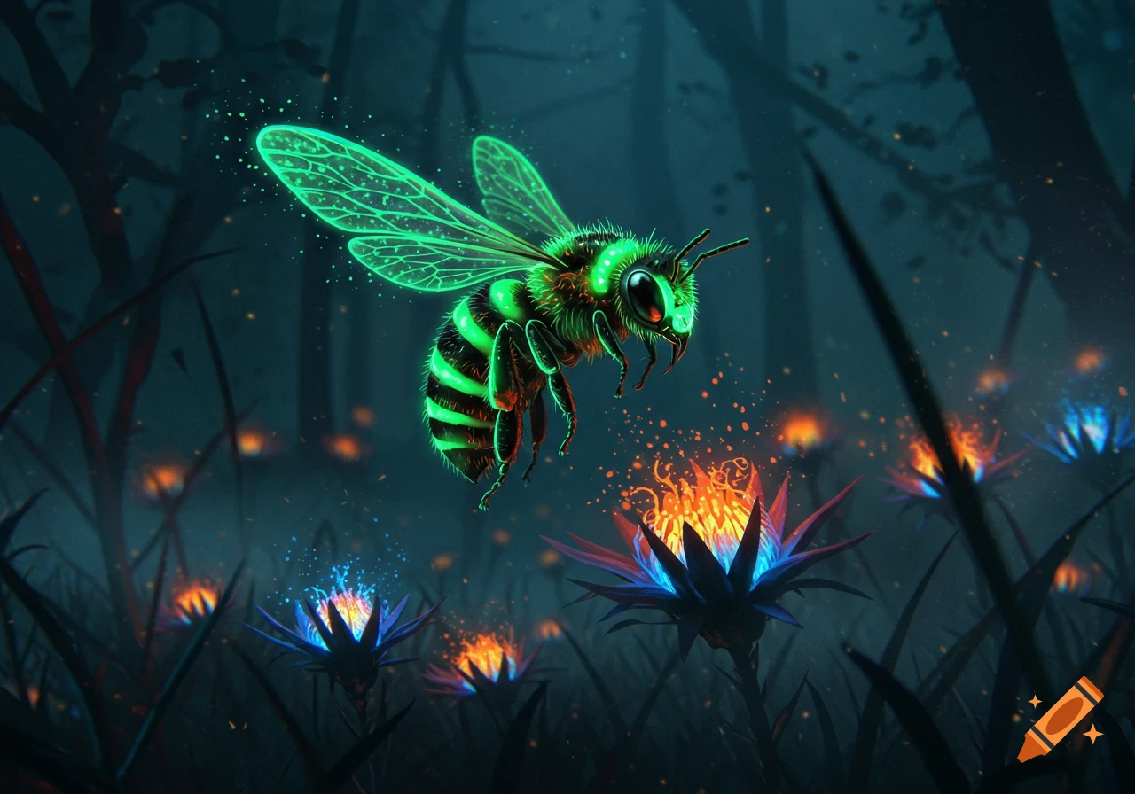 A glowing green and black bee flies above magical flowers emitting orange and blue light in a dark forest.