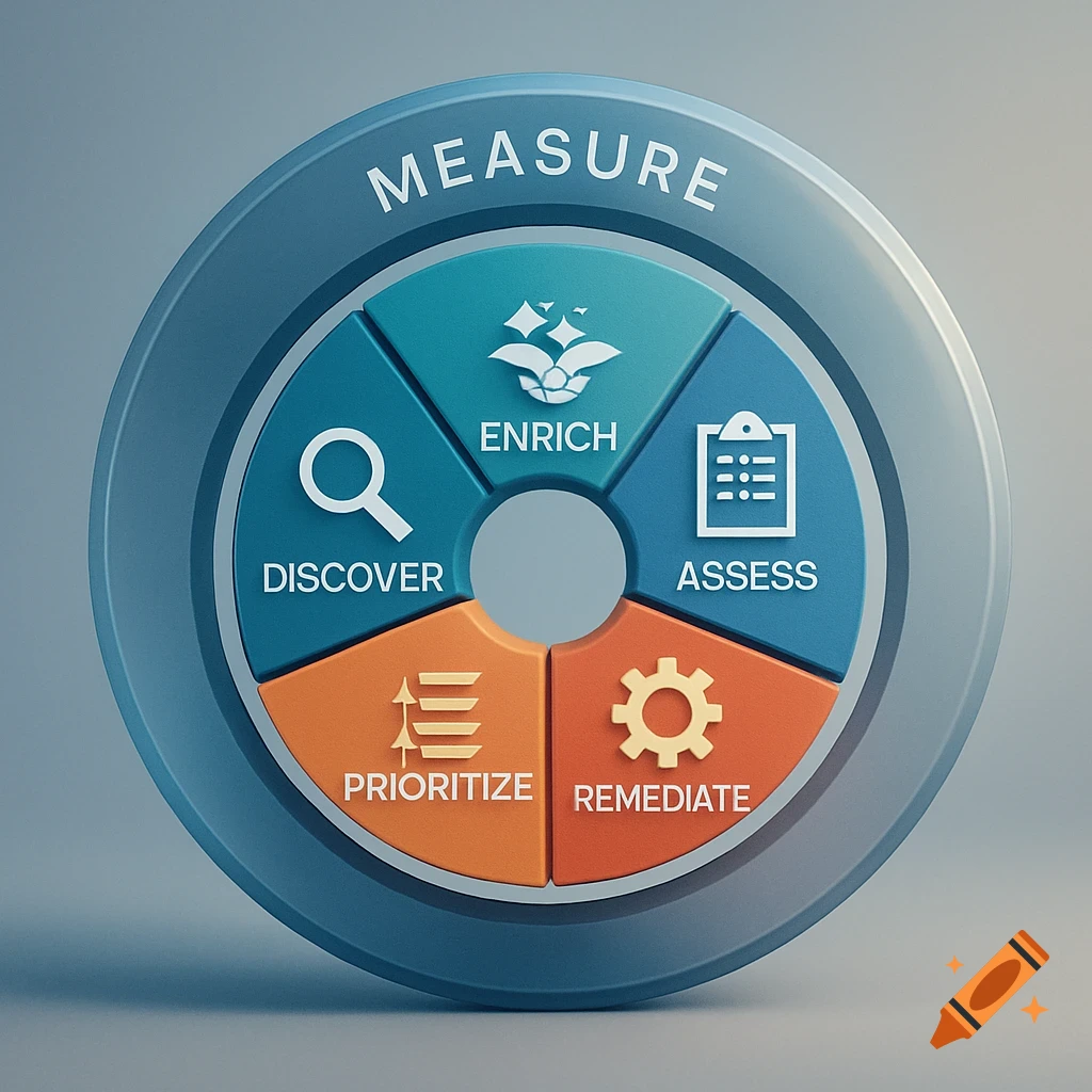 A 3D rendered lifecycle diagram in shades of blue and orange, illustrating steps like Discover, Enrich, Assess, Prioritize, Remediate, all encompassed by Measure.