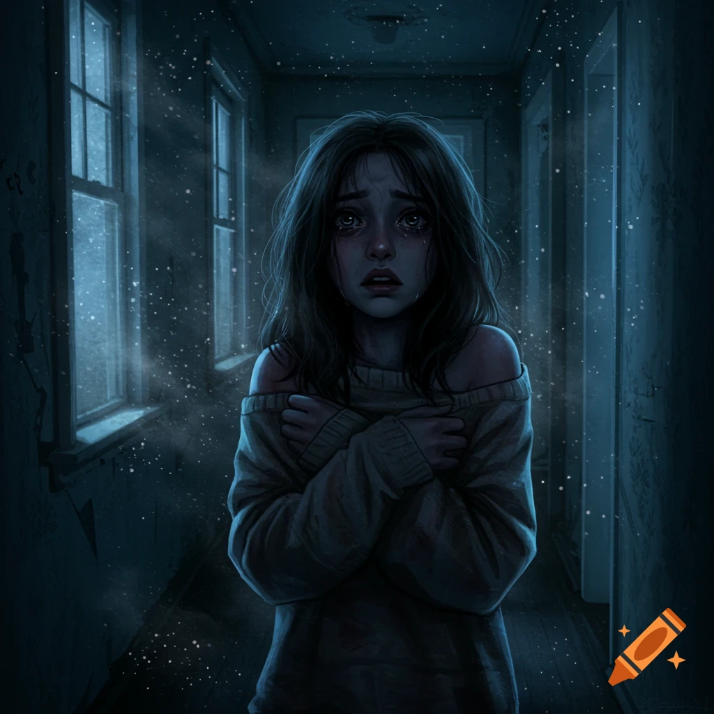 Digital painting of a scared, crying girl hugging herself in a dimly lit, cold hallway with dust motes.