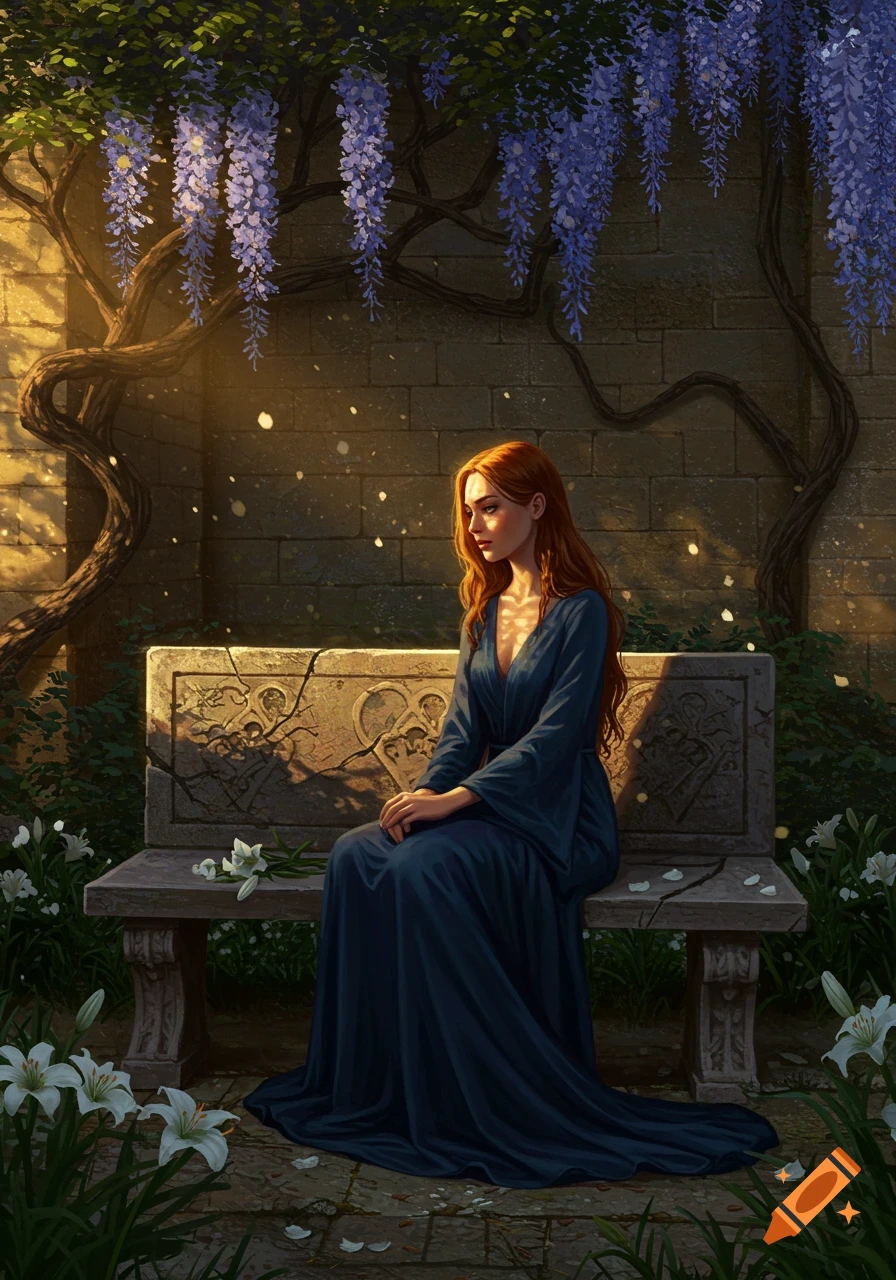 A woman with red hair in a blue dress sits on an ornate stone bench in a wisteria garden, bathed in sunset light, digital painting.