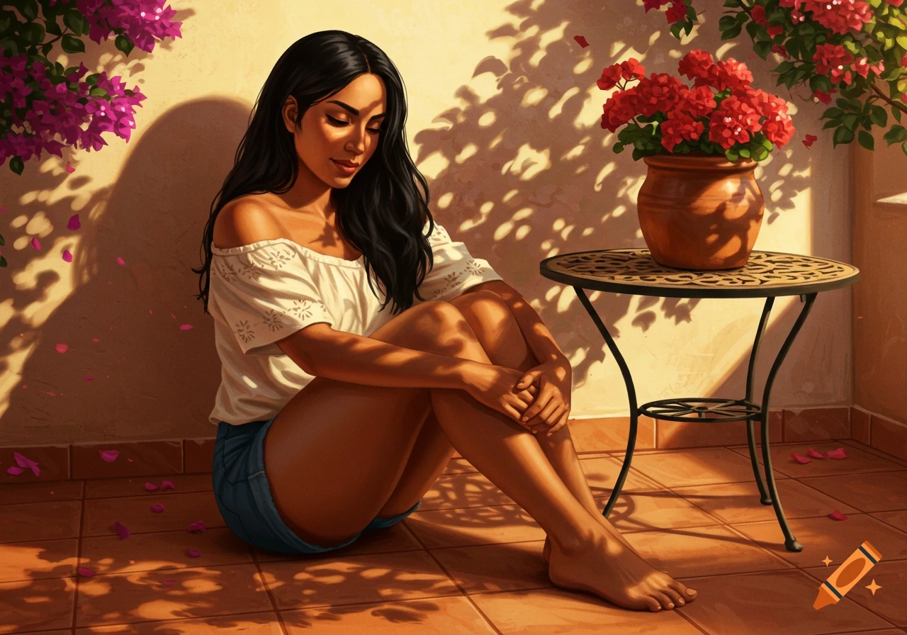 An illustration of a Latina woman sitting barefoot on a tiled floor on a sunny patio, with bougainvillea vines and a potted plant.