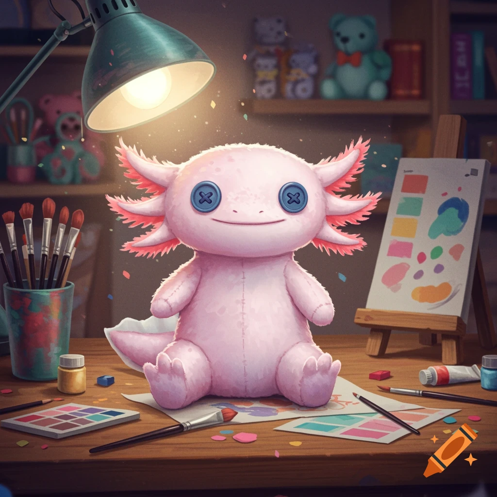 A cute pink plush axolotl with button eyes sits on a wooden art desk with paints, brushes, and an easel in a cozy studio.