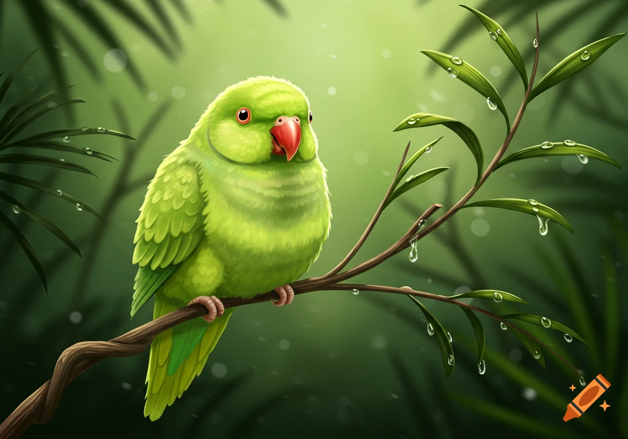 A cute, chubby green parrot perches on a wet branch amidst lush green foliage with water droplets, in an illustration style.