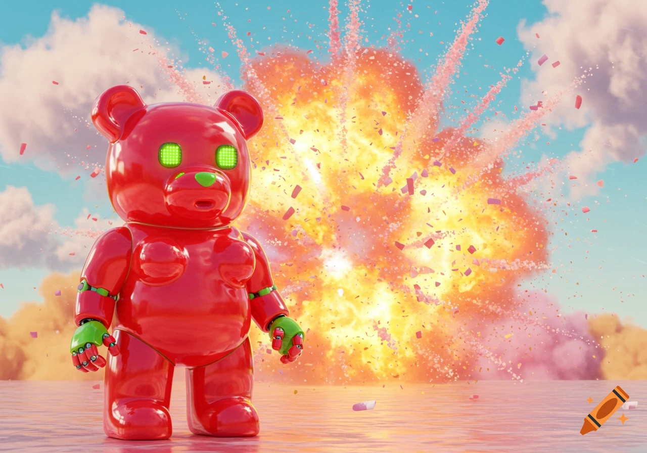 A shiny red gummy bear robot with green eyes stands in front of a large, colorful explosion under a blue sky.