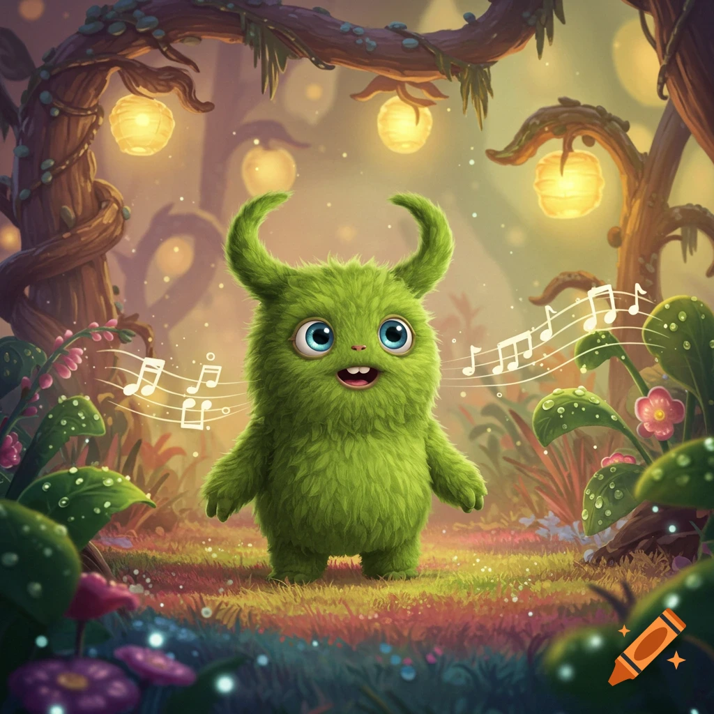 A fluffy green monster with blue eyes and small horns stands in a vibrant magical forest, with musical notes floating around it, indicating it is singing.