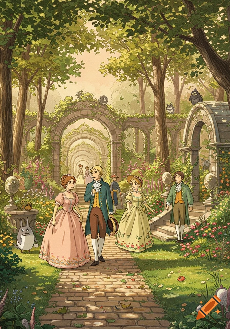 A group of people in Regency-era attire walk through a lush, arch-filled garden with fantasy creatures in Studio Ghibli style.