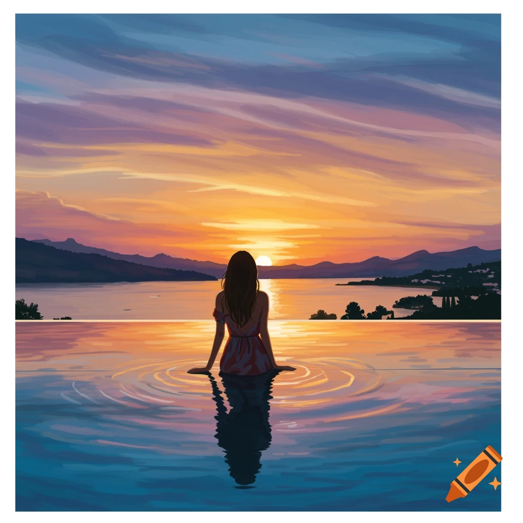 An illustrated image of a woman sitting at the edge of an infinity pool, watching a vibrant sunset over a large body of water and mountains.
