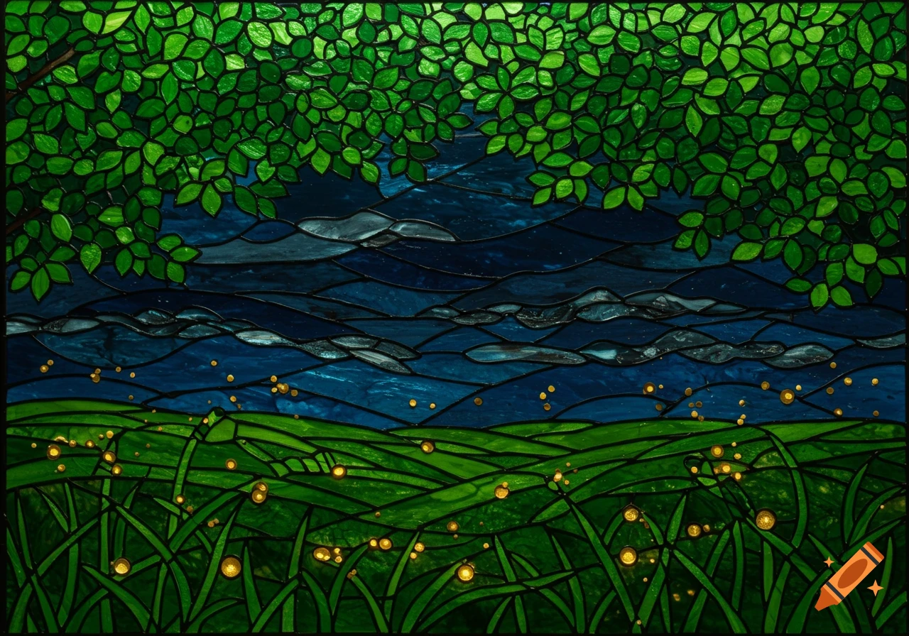Stained glass landscape with green trees, dark blue sky, and green grass with yellow glowing fireflies.