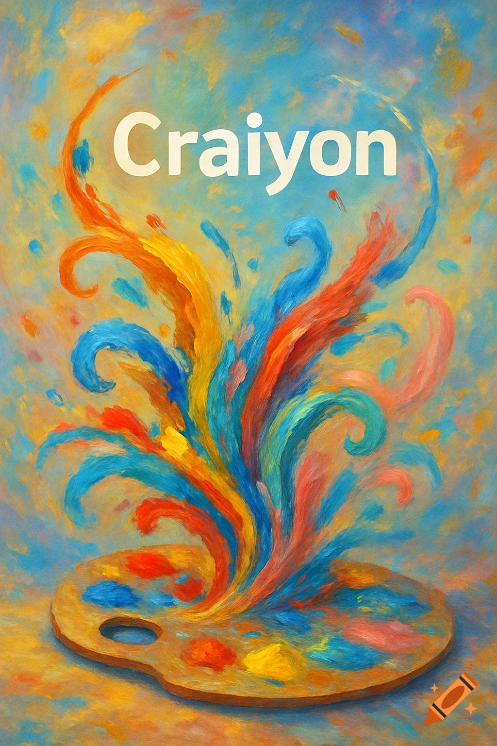 A vibrant, abstract painting of an artist's palette with colorful paint strokes bursting upwards, featuring the word Craiyon.
