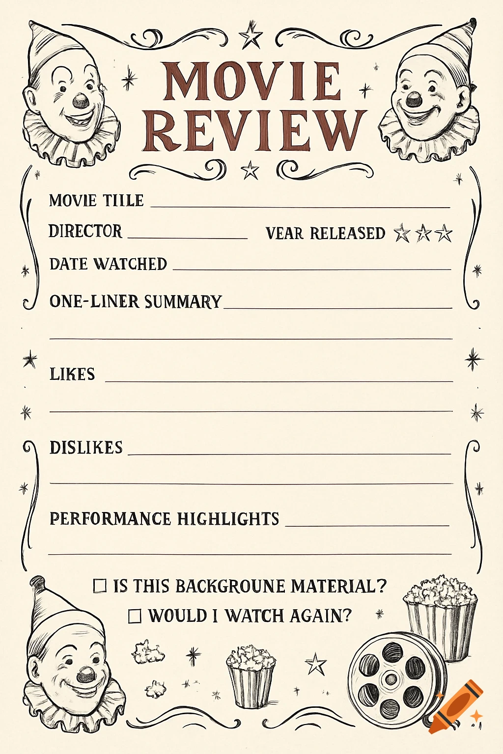 A vintage-style movie review sheet template with clown illustrations, popcorn, and film reel, on an off-white background.
