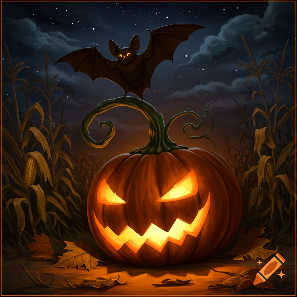 A stylized illustration of a glowing jack-o'-lantern with a bat perched on its crooked stem in a cornfield under a starry night.