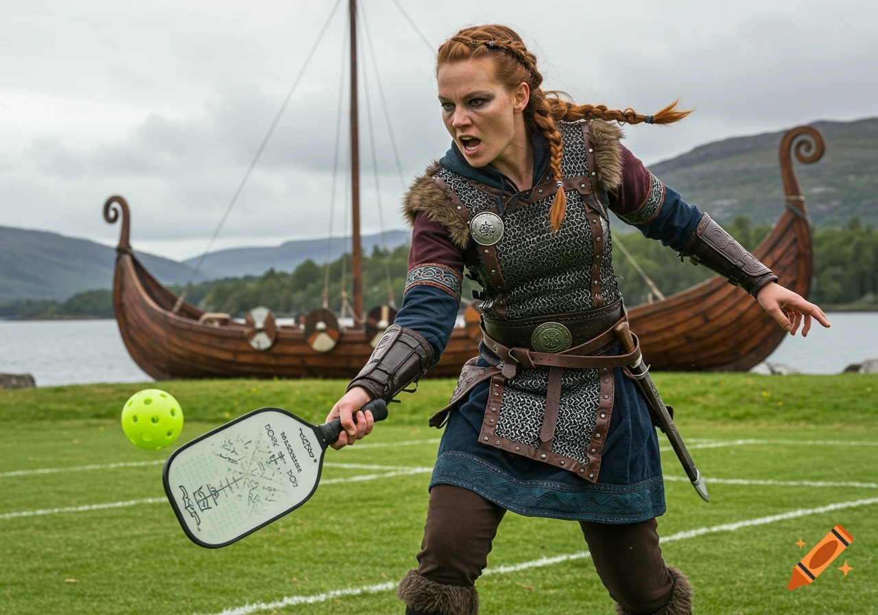 A female Viking in armor plays pickleball on a grassy field with a longboat on a lake in the background.