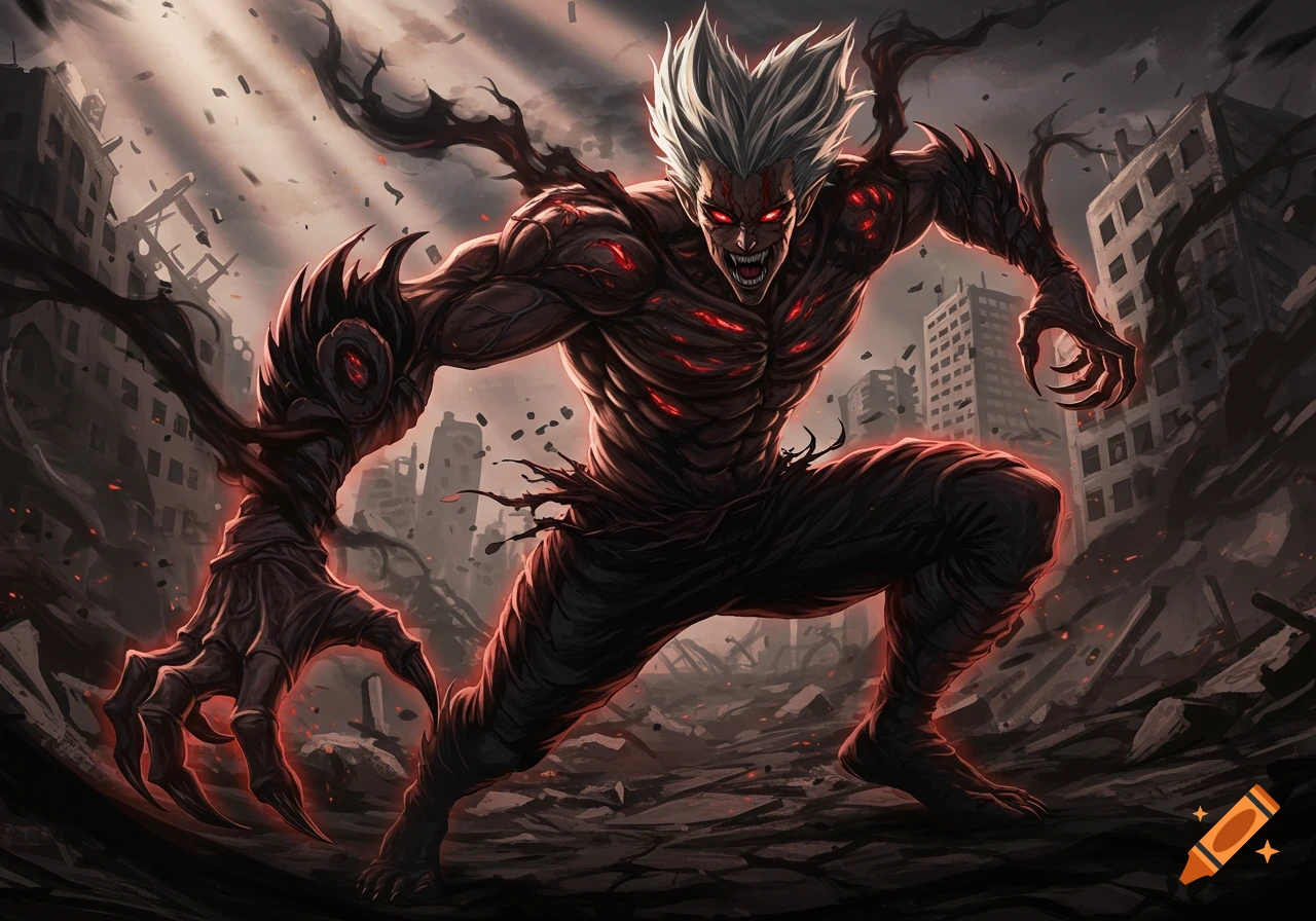A monstrous, muscular character with white spiky hair, glowing red eyes, and tendrils emerging from his body stands in a ruined city.