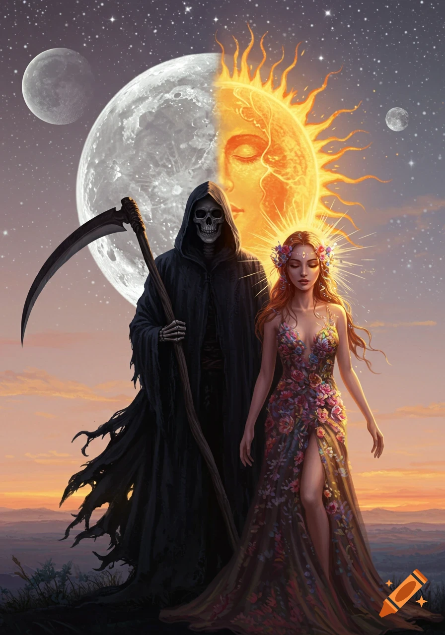 A grim reaper holding a scythe stands beside a woman in a floral dress, both in front of a half-moon, half-sun with faces, under a starry sky at sunset.