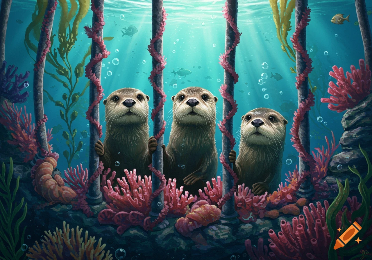 Three otters peer through vertical bars in a vibrant underwater scene with coral and kelp.