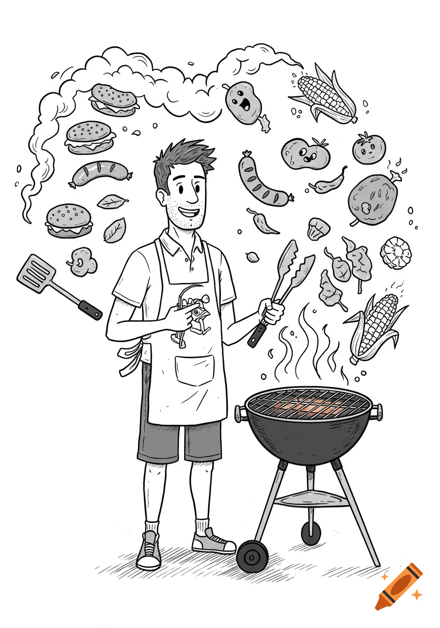 A black and white cartoon illustration of a man grilling, surrounded by various floating barbecue food items.