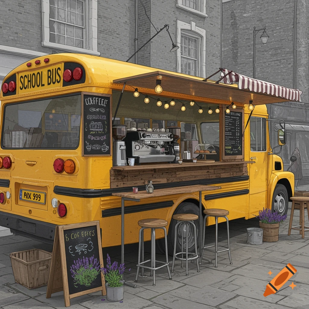A vibrant yellow school bus transformed into a mobile coffee shop, parked on a cobblestone street with outdoor seating and a striped awning, in an illustrated style.