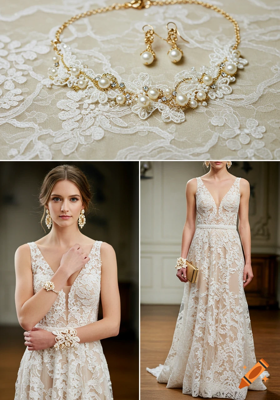A model in an ivory lace wedding dress and pearl jewelry; detailed shots of necklace and earrings.