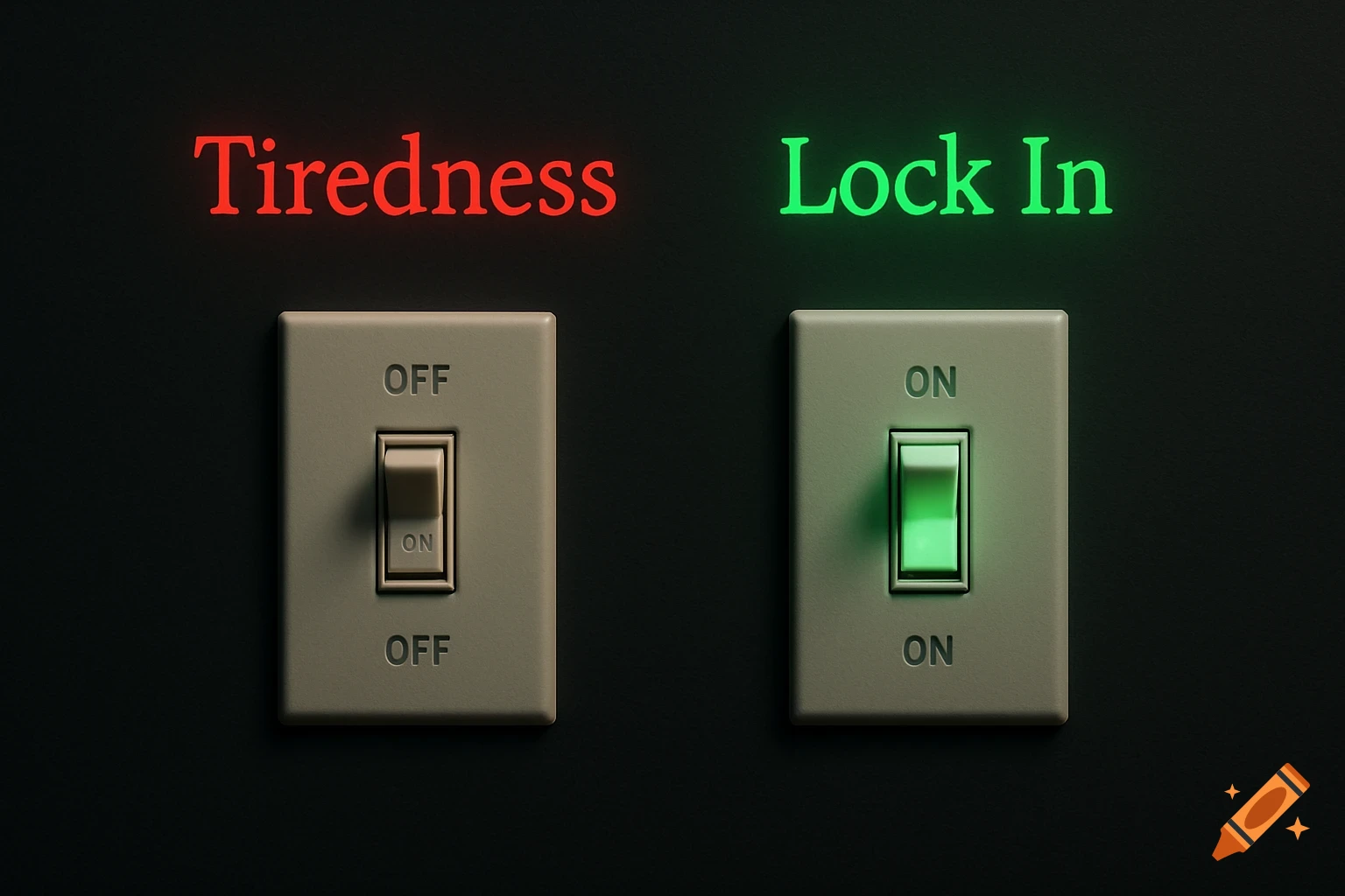 A photorealistic image of two light switches on a black background. The left switch is off, labeled "Tiredness" with a red glow. The right switch is on, labeled "Lock In" with a green glow.